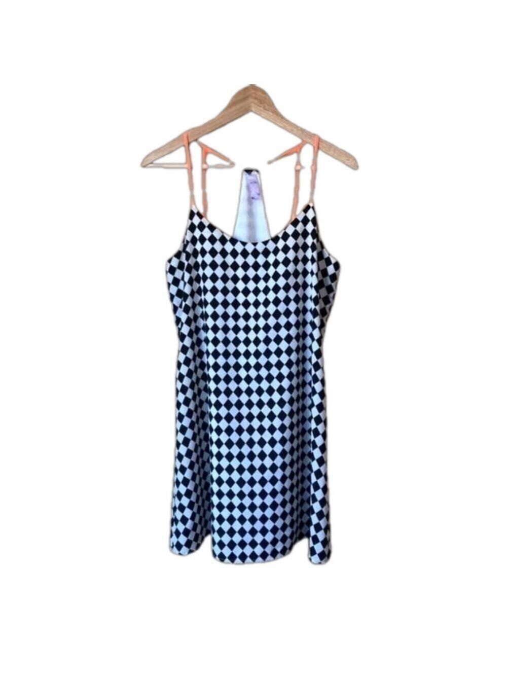 ALYA retro black white racing checker neon coral strap dress size small